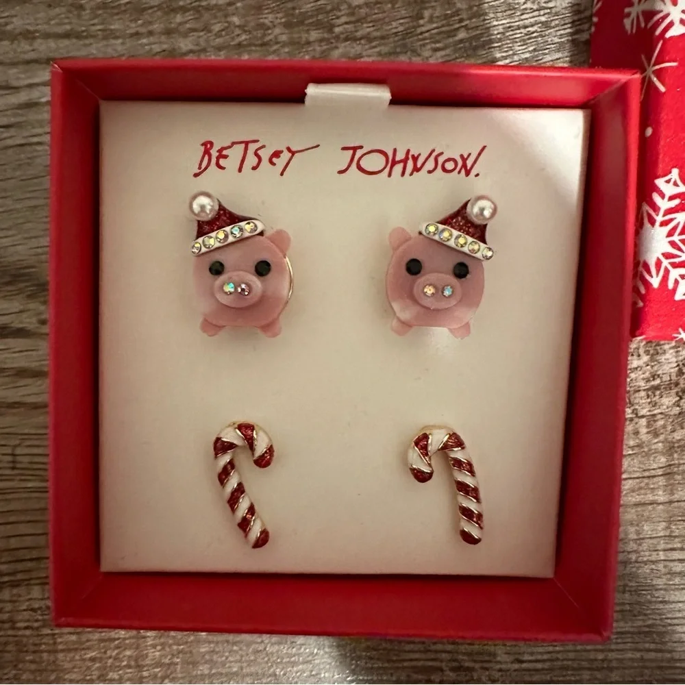 Betsey Johnson Christmas Pig & Candy Cane Stud Earring Set